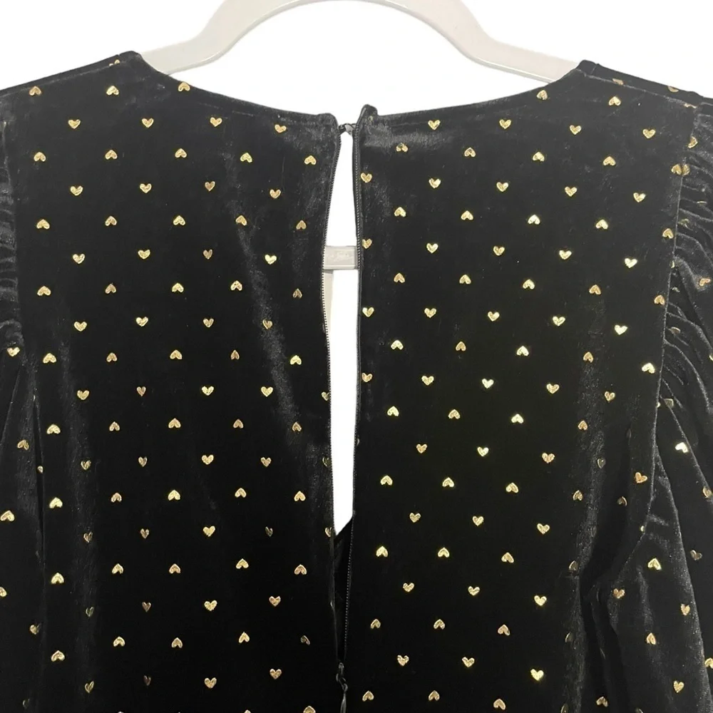 Saint Genies Heart Print Velvet Faux Wrap Mini Dress Black and Gold NWT - Picture 9 of 14